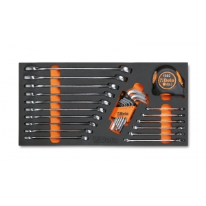 Placa de EVA com chaves combinadas, chaves hexagonais e ferramentas de medição